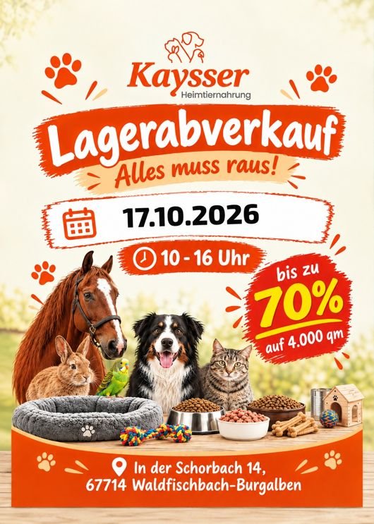 Flyer Lagerabverkauf Kaysser Heimtiernahrung am 17.10.2026