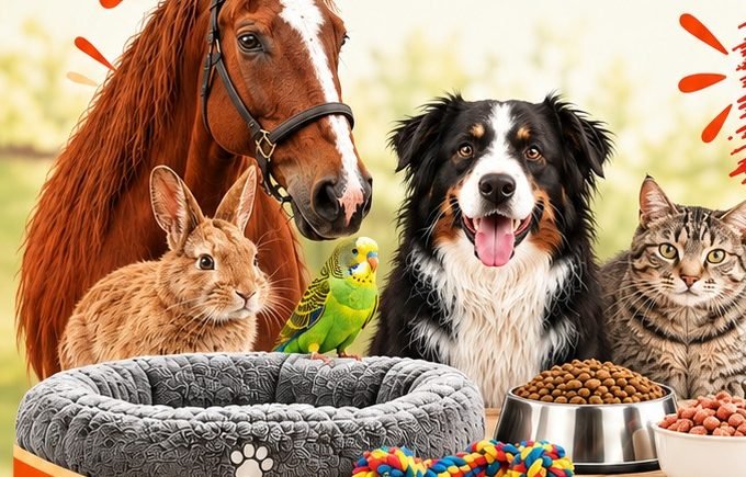 Hund, Katze, Kaninchen, Wellensittich und Pferd vor Futternäpfen – Lagerabverkauf bei Kaysser